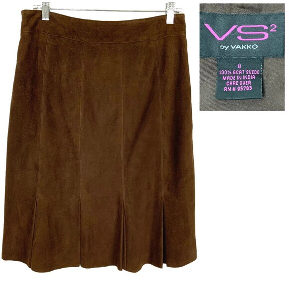 Vakko Dresses & Skirts - VS2 By VAKKO Brown Genuine Goat Suede Bottom Pleats Skirt Sz 8